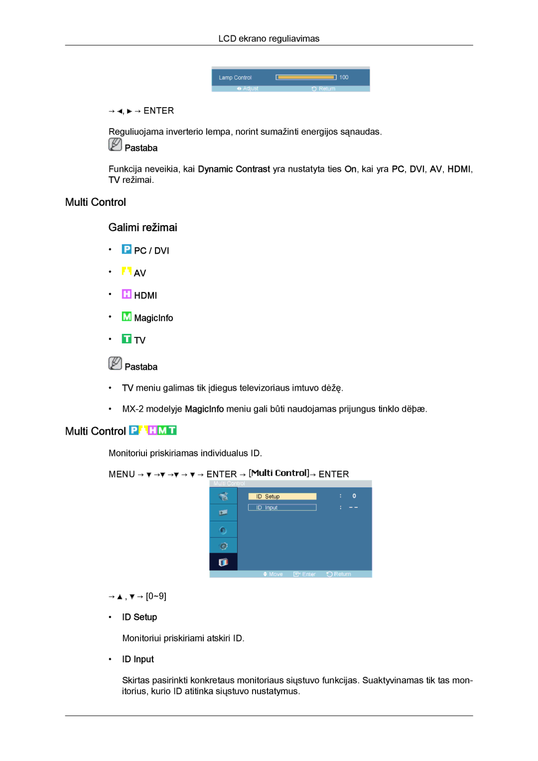 Samsung LH40MGQLBC/EN manual Multi Control Galimi režimai, ID Setup, ID Input 