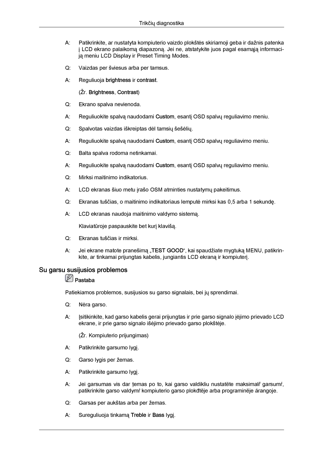 Samsung LH40MGQLBC/EN manual Su garsu susijusios problemos 