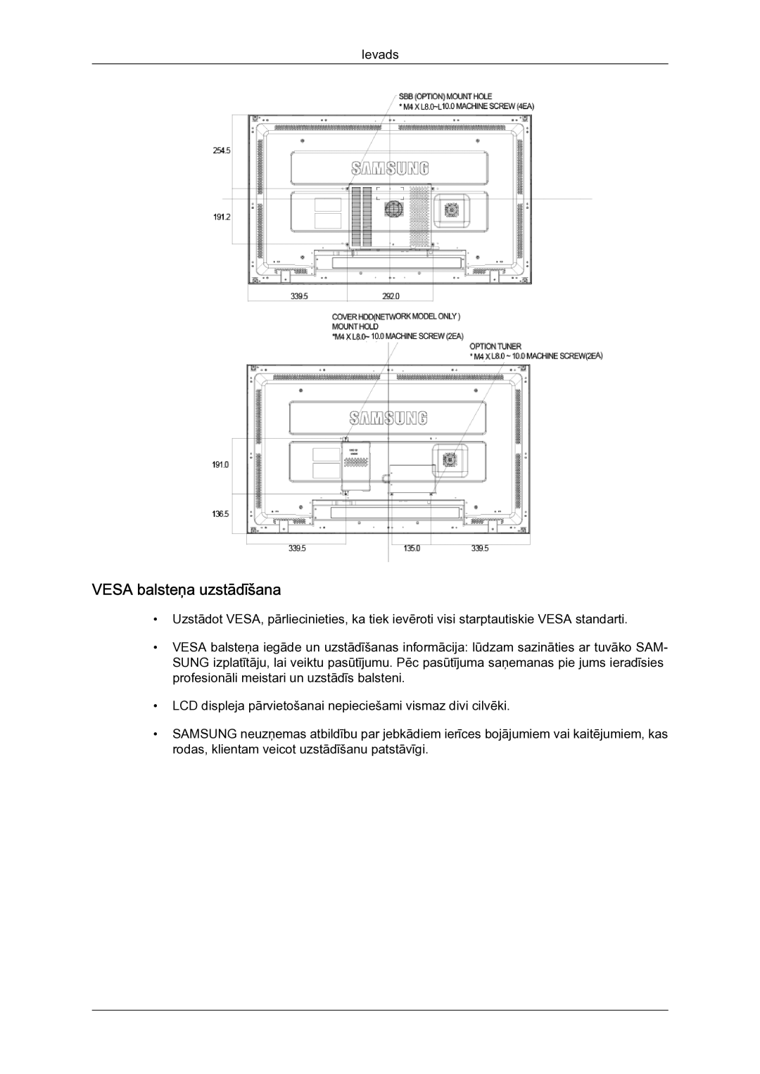 Samsung LH40MGQLBC/EN manual Vesa balsteņa uzstādīšana 