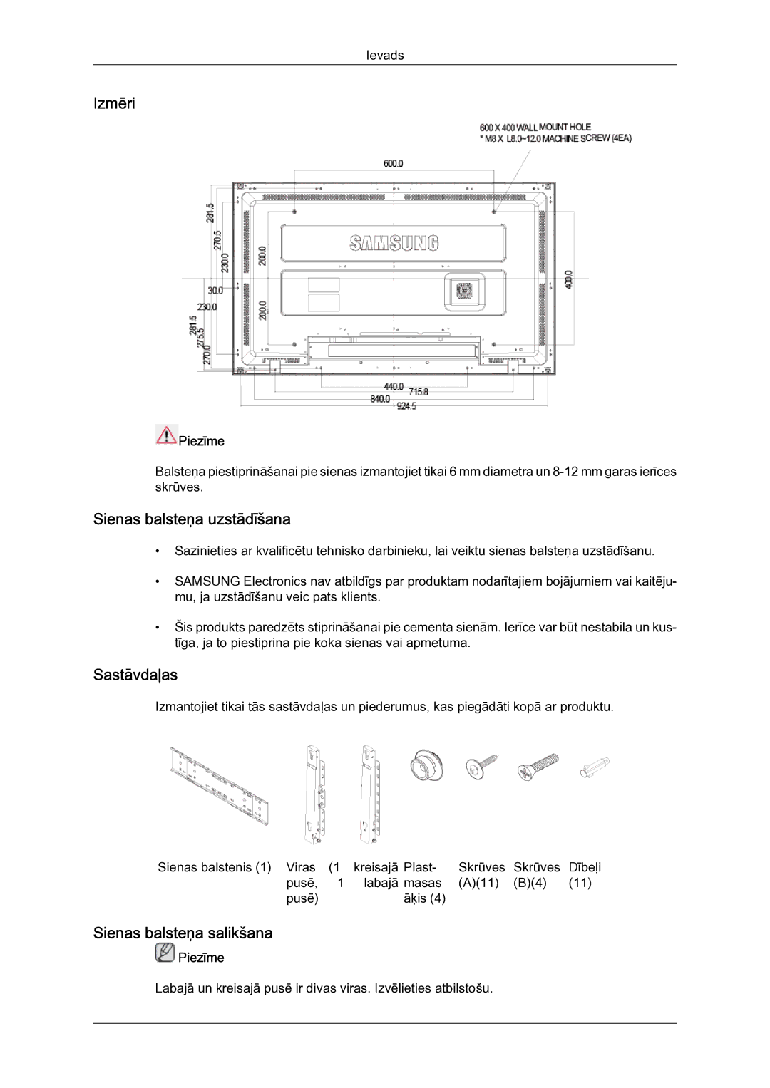 Samsung LH40MGQLBC/EN manual Izmēri, Sienas balsteņa uzstādīšana, Sastāvdaļas, Sienas balsteņa salikšana 