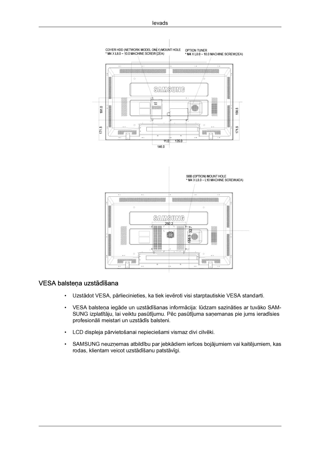 Samsung LH40MGQLBC/EN manual Vesa balsteņa uzstādīšana 