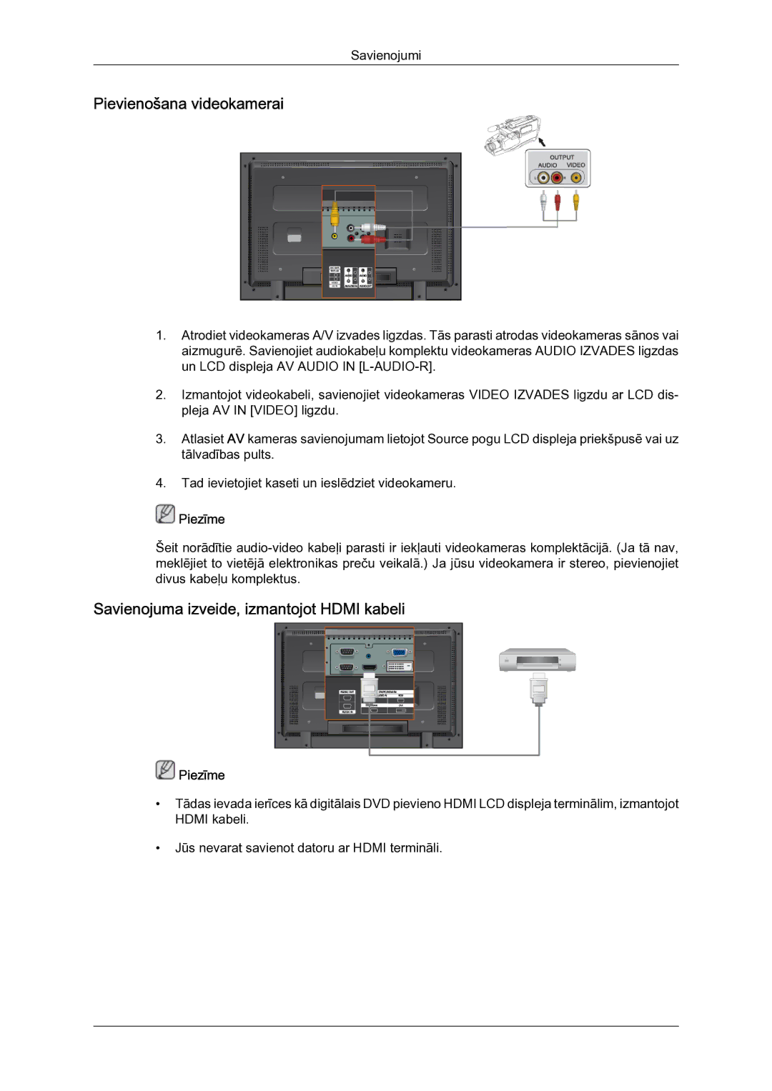 Samsung LH40MGQLBC/EN manual Pievienošana videokamerai, Savienojuma izveide, izmantojot Hdmi kabeli 