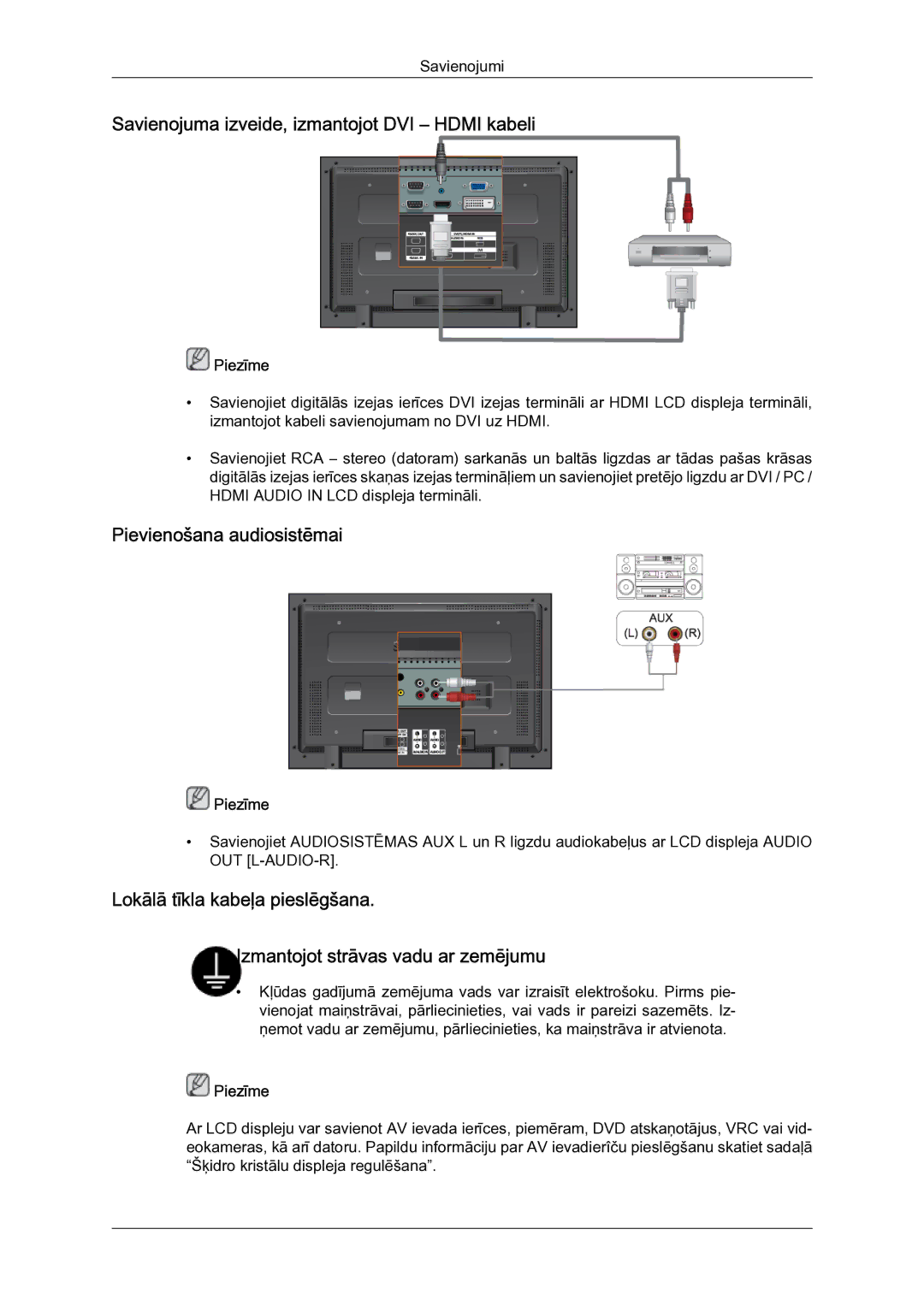 Samsung LH40MGQLBC/EN manual Savienojuma izveide, izmantojot DVI Hdmi kabeli, Pievienošana audiosistēmai 