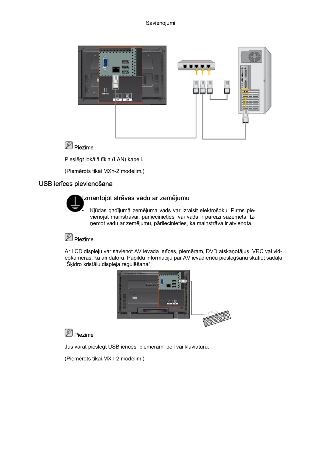 Samsung LH40MGQLBC/EN manual USB ierīces pievienošana Izmantojot strāvas vadu ar zemējumu 