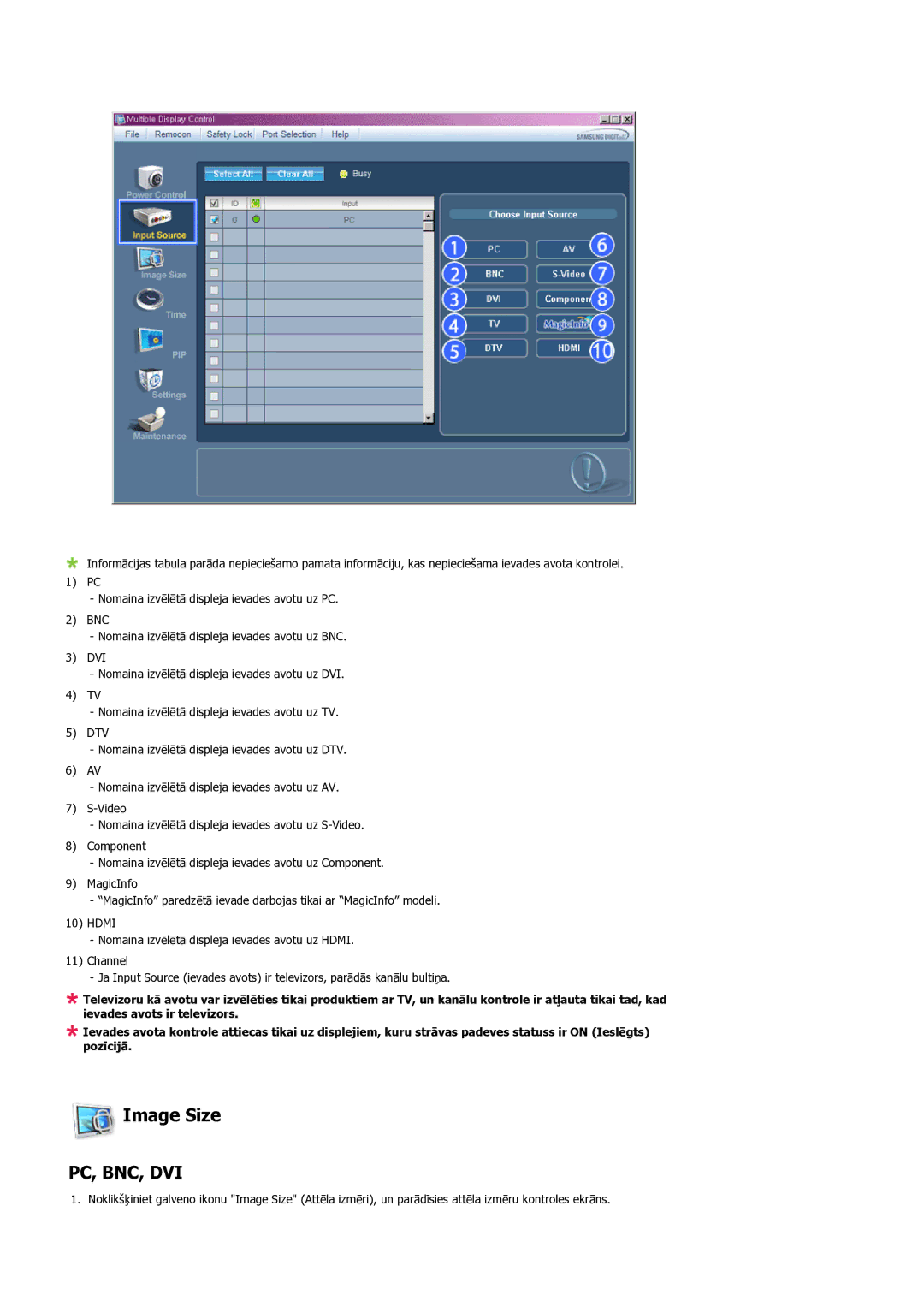 Samsung LH40MGQLBC/EN manual Image Size, Pc, Bnc, Dvi 