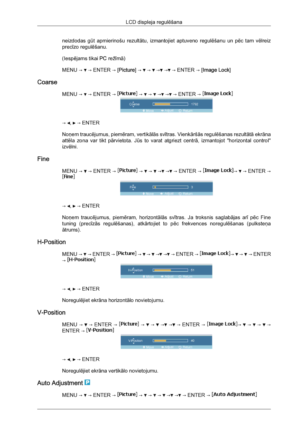 Samsung LH40MGQLBC/EN manual Coarse, Fine, Position, Auto Adjustment 
