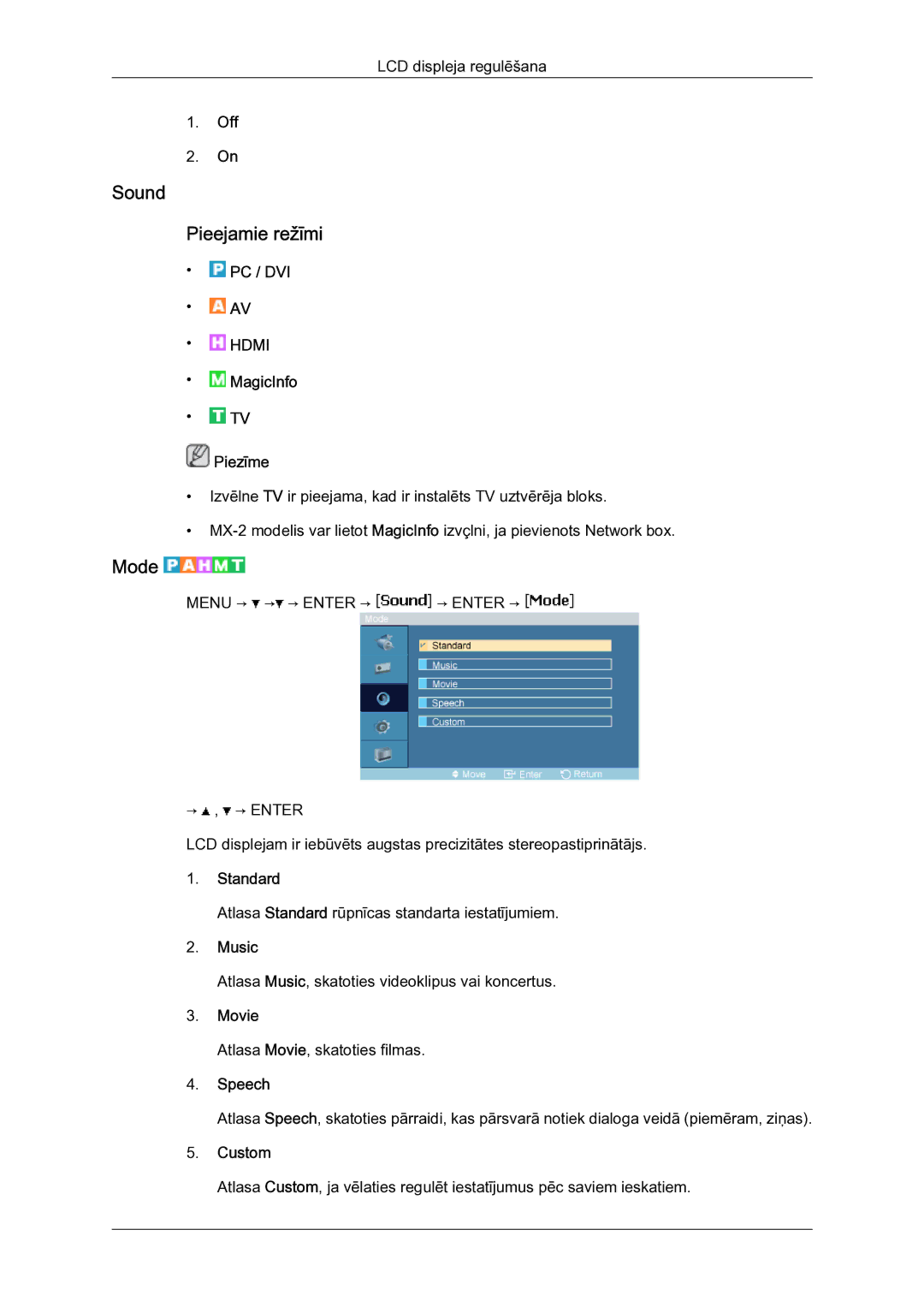 Samsung LH40MGQLBC/EN manual Sound Pieejamie režīmi, Music, Speech 