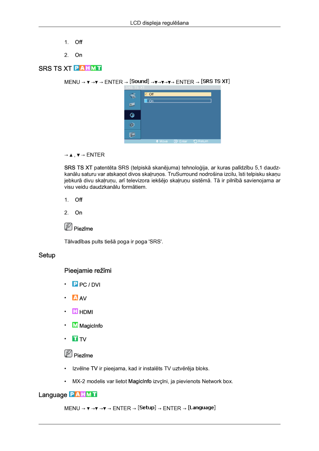 Samsung LH40MGQLBC/EN manual Setup Pieejamie režīmi, Language, Off Piezīme 