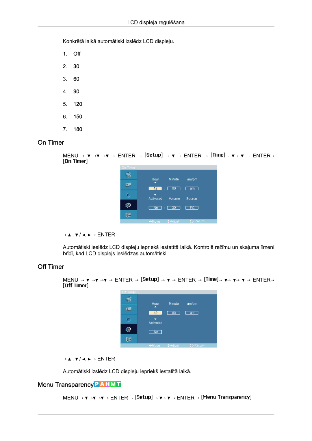 Samsung LH40MGQLBC/EN manual On Timer, Off Timer, Menu Transparency 