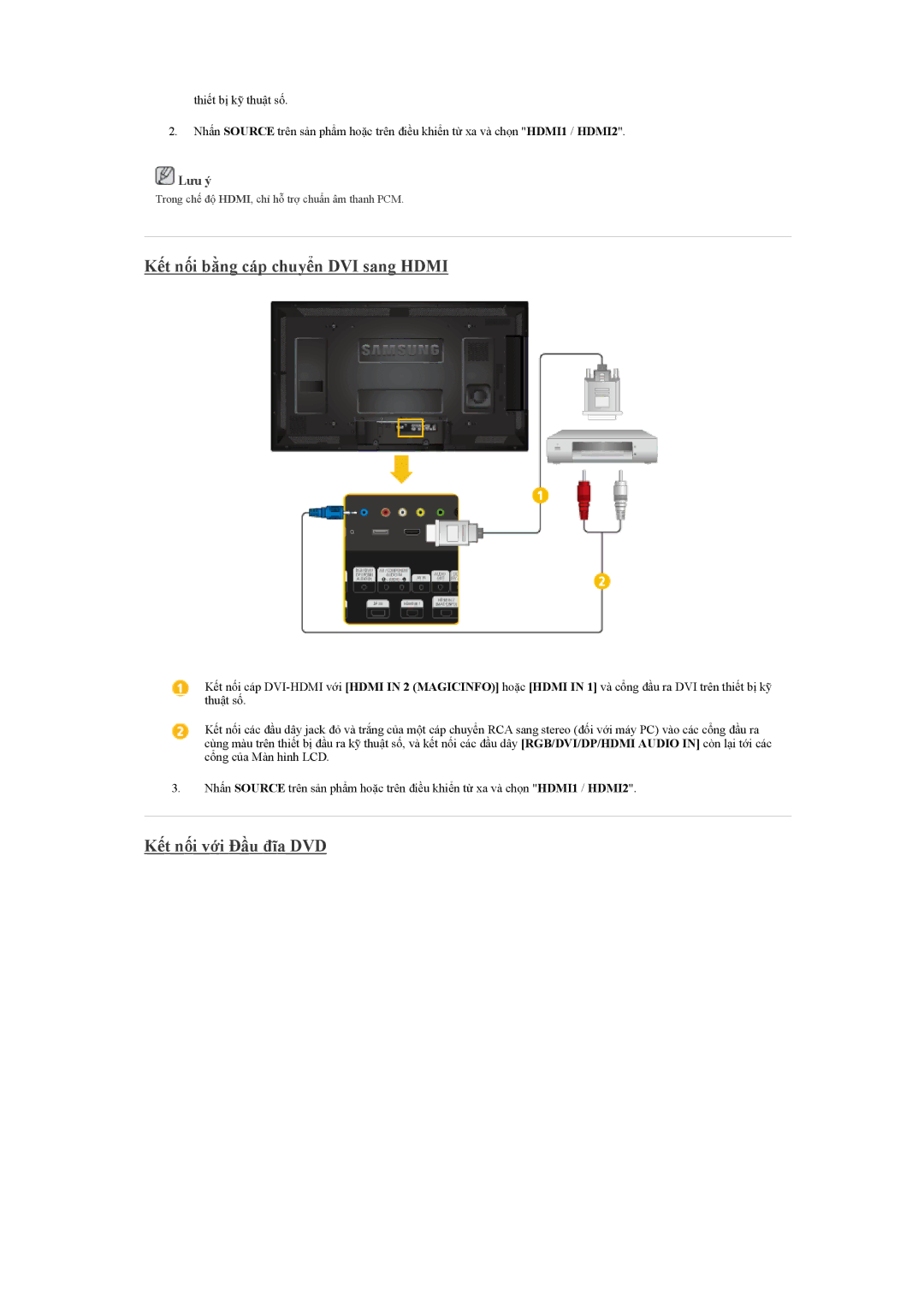 Samsung LH46HBPLBC/ZA, LH40MGQLBC/XY, LH46HBPLBC/XY manual Kết nối bằng cáp chuyển DVI sang Hdmi, Kết nối với Đầu đĩa DVD 