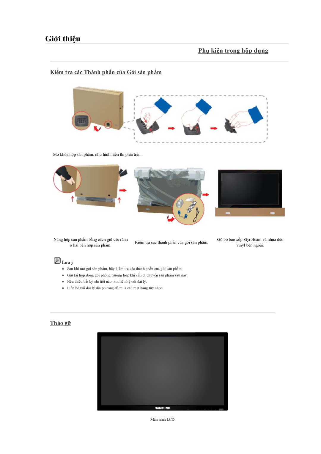 Samsung LH40HBPLBC/XY, LH40MGQLBC/XY manual Phụ kiện trong hộp đựng, Kiểm tra các Thành phần của Gói sản phẩm, Tháo gỡ 