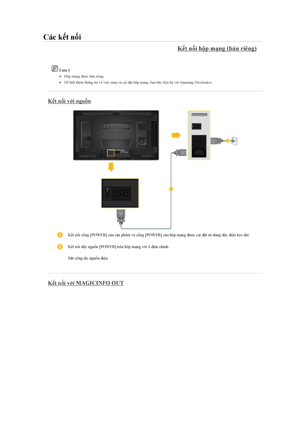 Samsung LH40HBPLBC/XY, LH40MGQLBC/XY manual Kết nối hộp mạng bán riêng, Kết nối với nguồn, Kết nối với Magicinfo OUT 