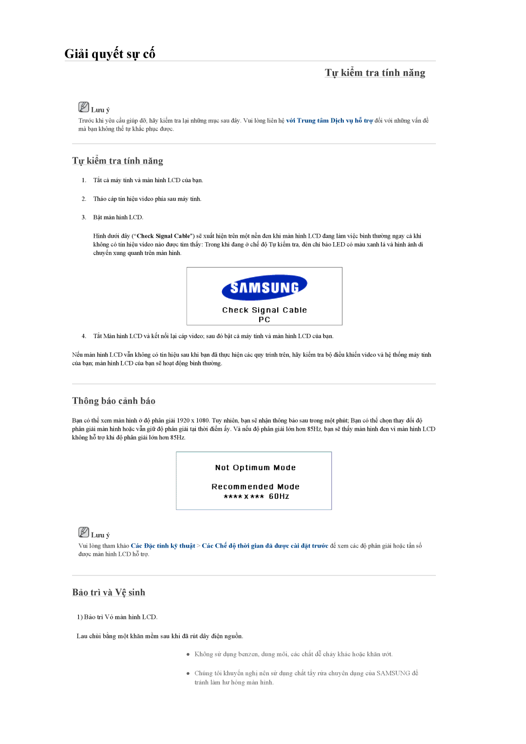 Samsung LH40MGQLBC/XV, LH40MGQLBC/XY manual Giải quyết sự cố, Tự kiểm tra tính năng, Thông báo cảnh báo, Bảo trì và Vệ sinh 