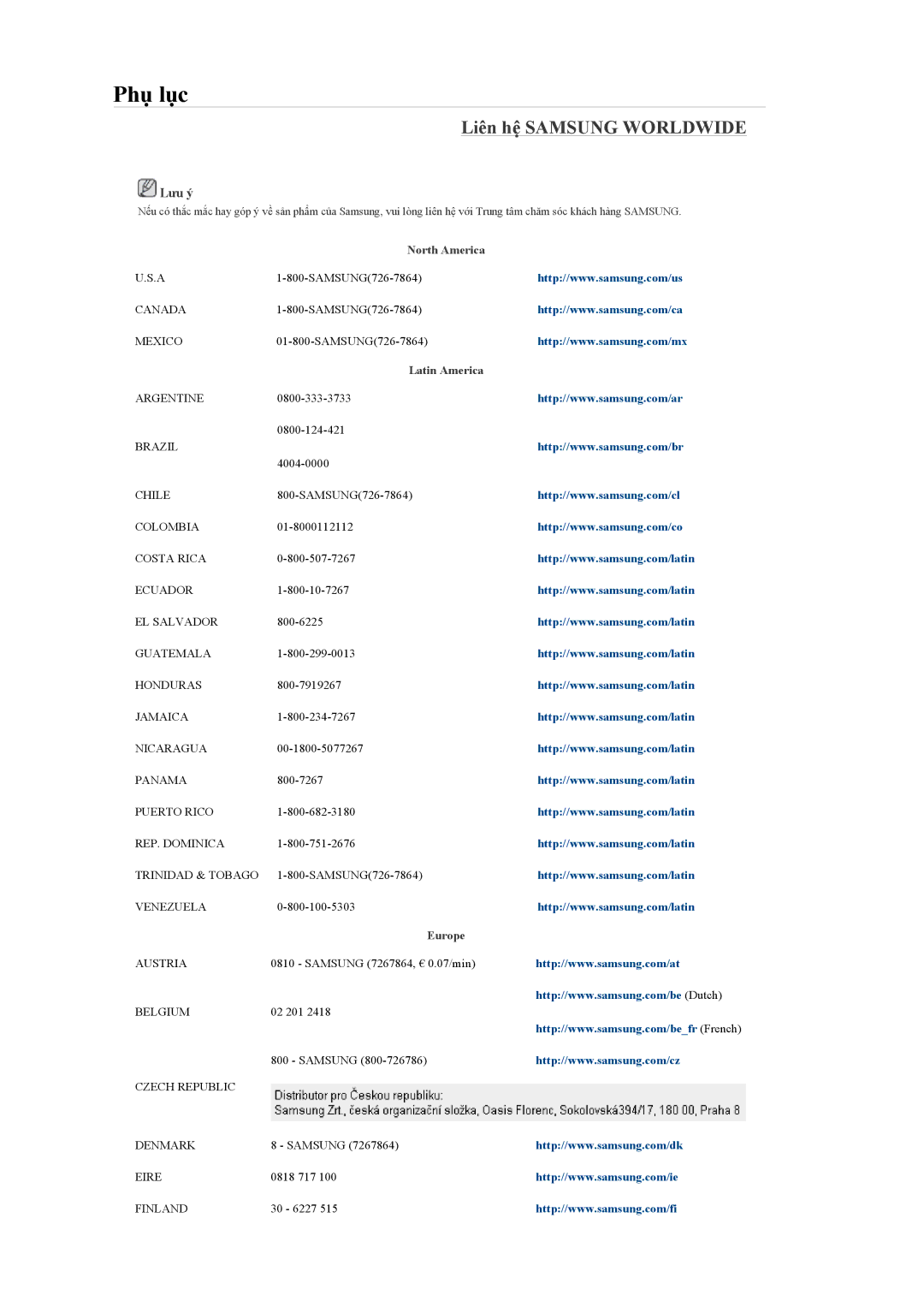 Samsung LH46MGULBC/XY, LH40MGQLBC/XY manual Phụ lục, Liên hệ Samsung Worldwide, North America, Latin America, Europe 