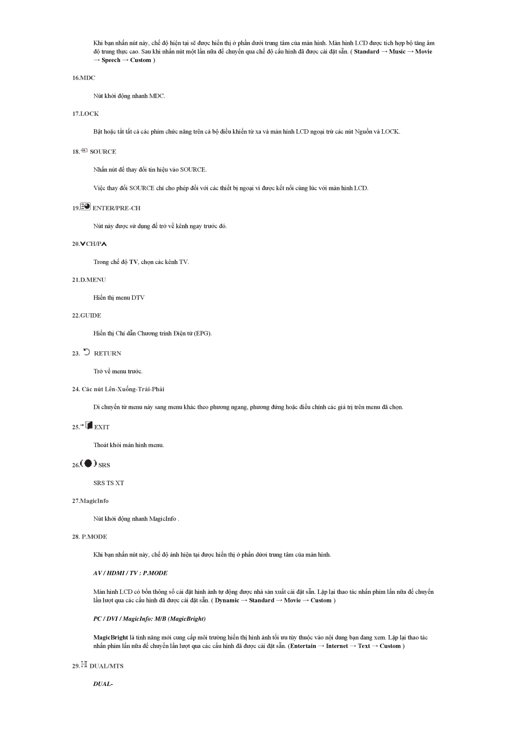 Samsung LH40MGULBC/XY, LH40MGQLBC/XY 16.MDC, 20. CH/P, 24. Các nút Lên-Xuống-Trái-Phải, Exit, Srs, MagicInfo, 28. P.MODE 