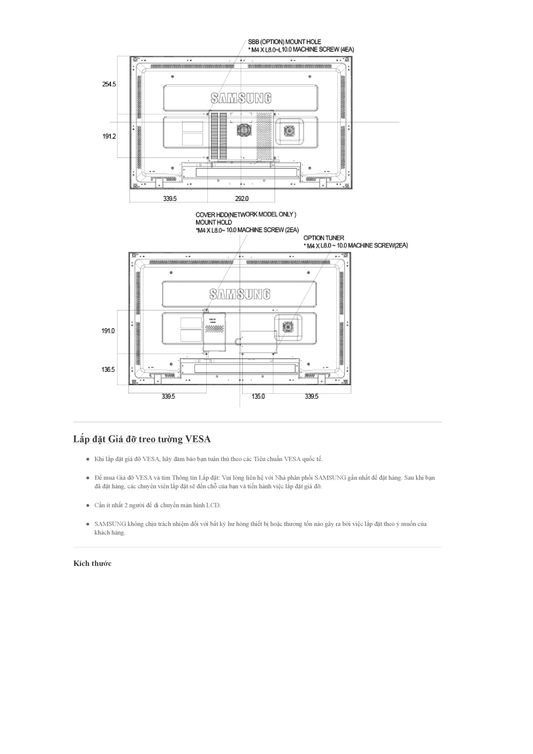 Samsung LH40MGQLBC/XY, LH46MGULBC/XY, LH46MGQLBC/XY, LH40MGULBC/XY, LH40MGQLBC/XV Lắp đặt Giá đỡ treo tường Vesa, Kích thước 