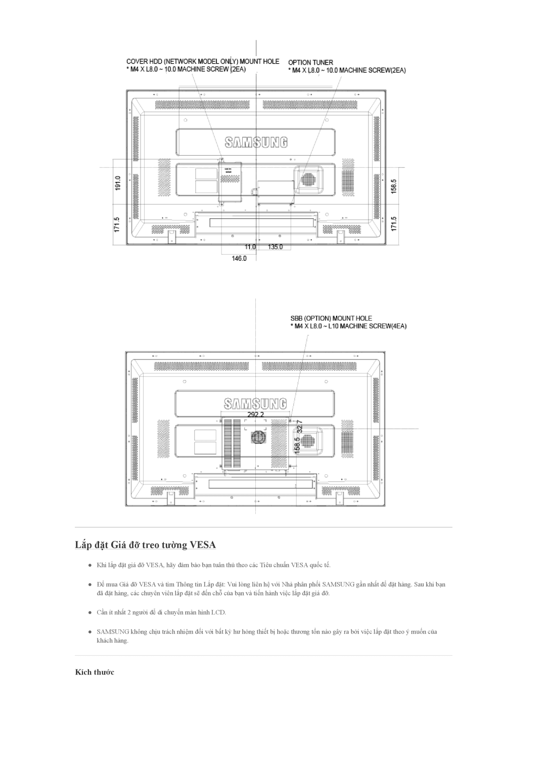 Samsung LH46MGULBC/XY, LH40MGQLBC/XY, LH46MGQLBC/XY, LH40MGULBC/XY, LH40MGQLBC/XV manual Lắp đặt Giá đỡ treo tường Vesa 