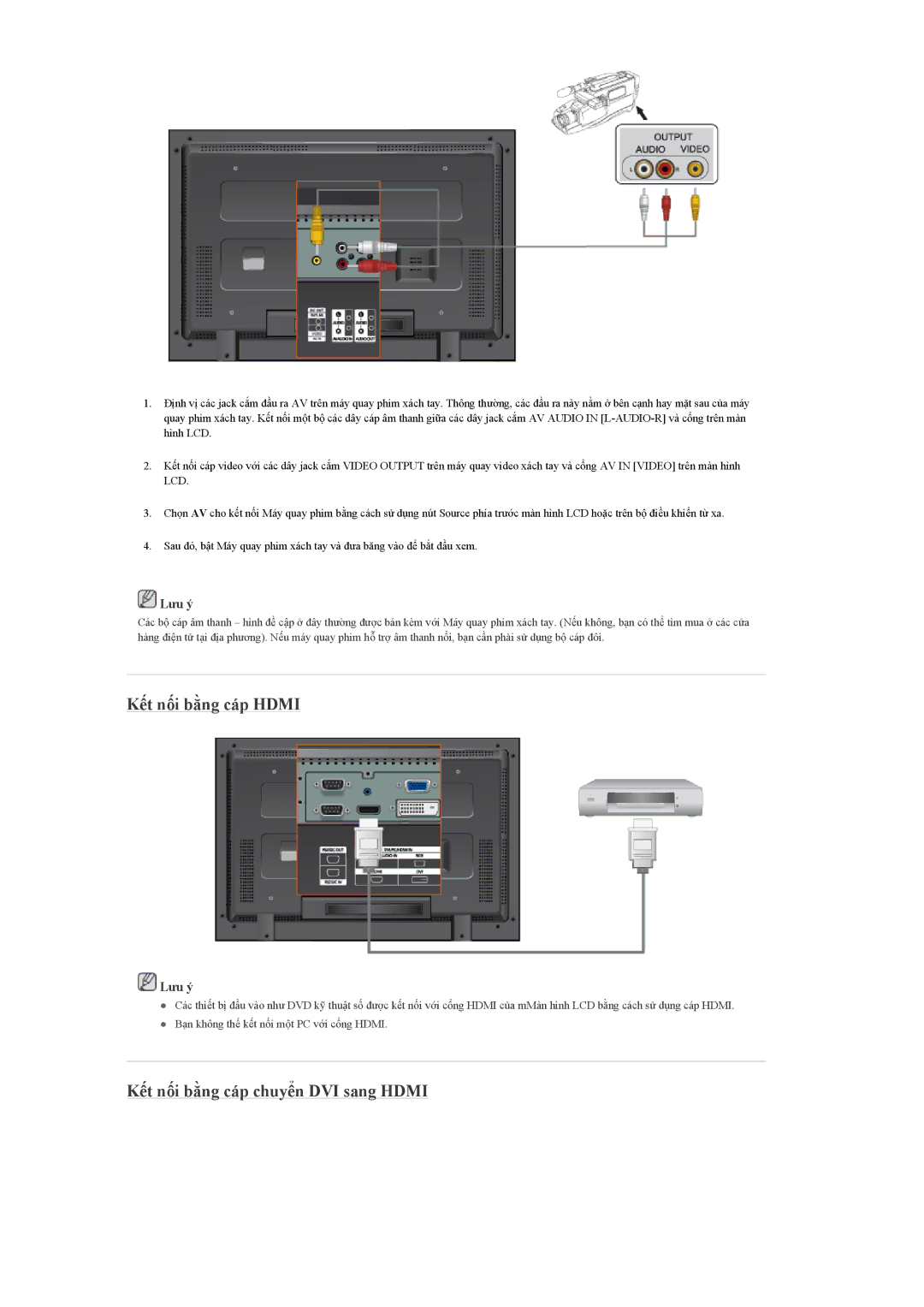 Samsung LH40MGQLBC/XV, LH40MGQLBC/XY, LH46MGULBC/XY manual Kết nối bằng cáp Hdmi, Kết nối bằng cáp chuyển DVI sang Hdmi 