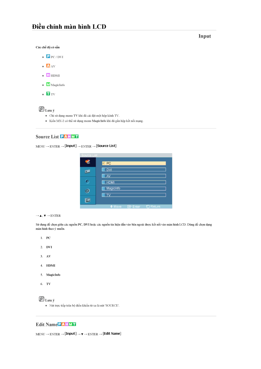 Samsung LH46MGQLBC/XY, LH40MGQLBC/XY, LH46MGULBC/XY, LH40MGULBC/XY Điều chỉnh màn hình LCD, Input, Source List, Edit Name 