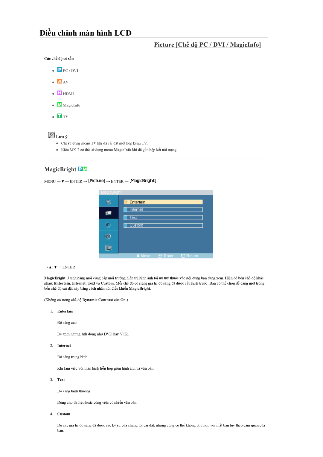 Samsung LH40MGQLBC/XV, LH40MGQLBC/XY, LH46MGULBC/XY, LH46MGQLBC/XY manual Picture Chế độ PC / DVI / MagicInfo, MagicBright 