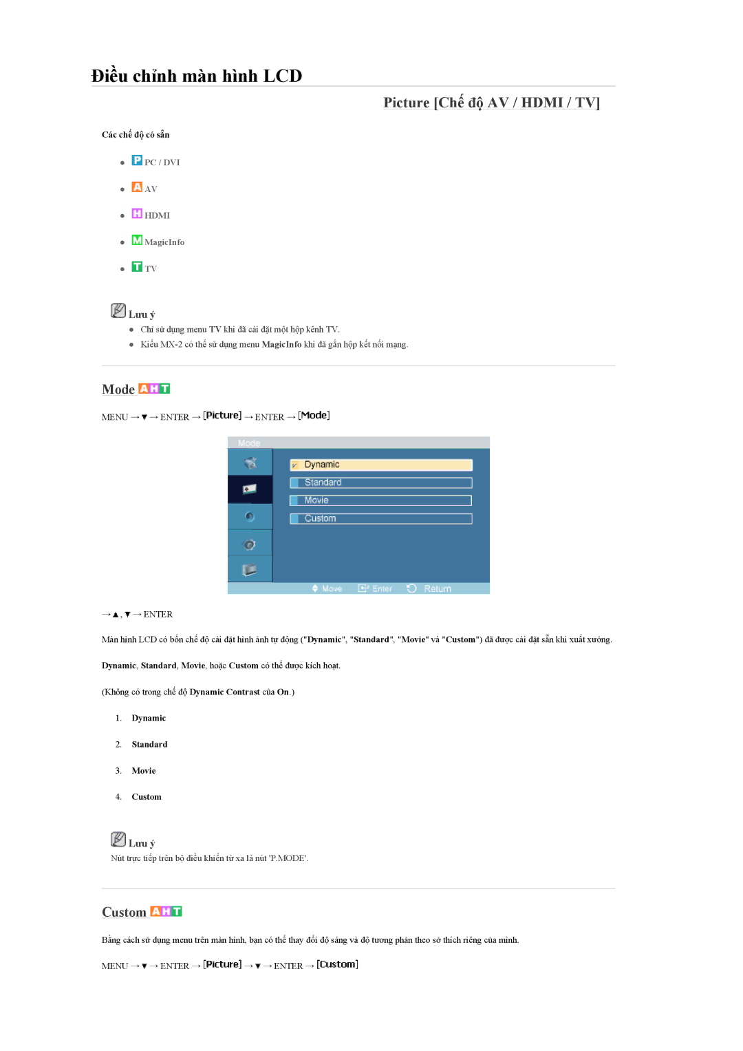 Samsung LH46MGQLBC/XT, LH40MGQLBC/XY, LH46MGULBC/XY, LH46MGQLBC/XY, LH40MGULBC/XY manual Picture Chế độ AV / Hdmi / TV, Mode 