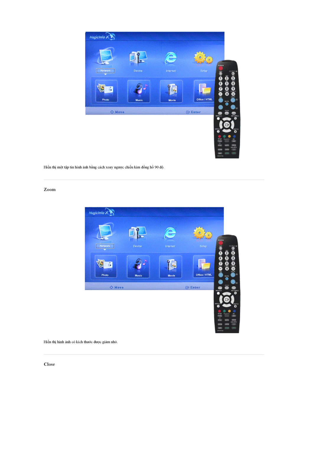 Samsung LH46MGQLBC/XY, LH40MGQLBC/XY, LH46MGULBC/XY, LH40MGULBC/XY, LH40MGQLBC/XV, LH46MGQLBC/XT manual Zoom, Close 