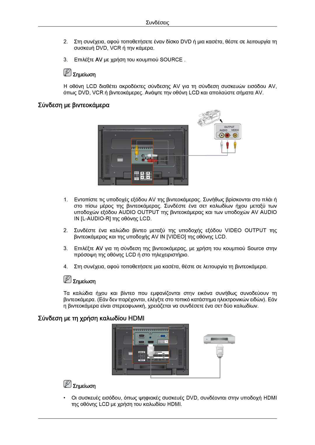 Samsung LH40MGTLBC/EN manual Σύνδεση με βιντεοκάμερα, Σύνδεση με τη χρήση καλωδίου Hdmi 