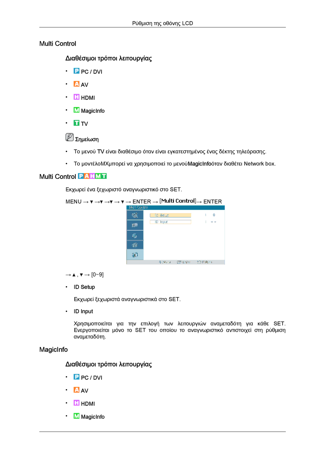 Samsung LH40MGTLBC/EN manual Multi Control Διαθέσιμοι τρόποι λειτουργίας, MagicInfo Διαθέσιμοι τρόποι λειτουργίας, ID Setup 