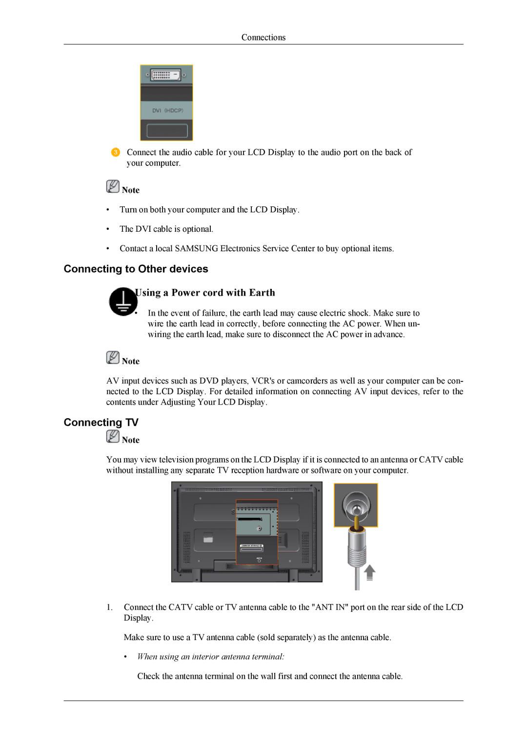 Samsung LH40MGTLGD/EN, LH46MGTLGD/EN Connecting to Other devices, Connecting TV, When using an interior antenna terminal 