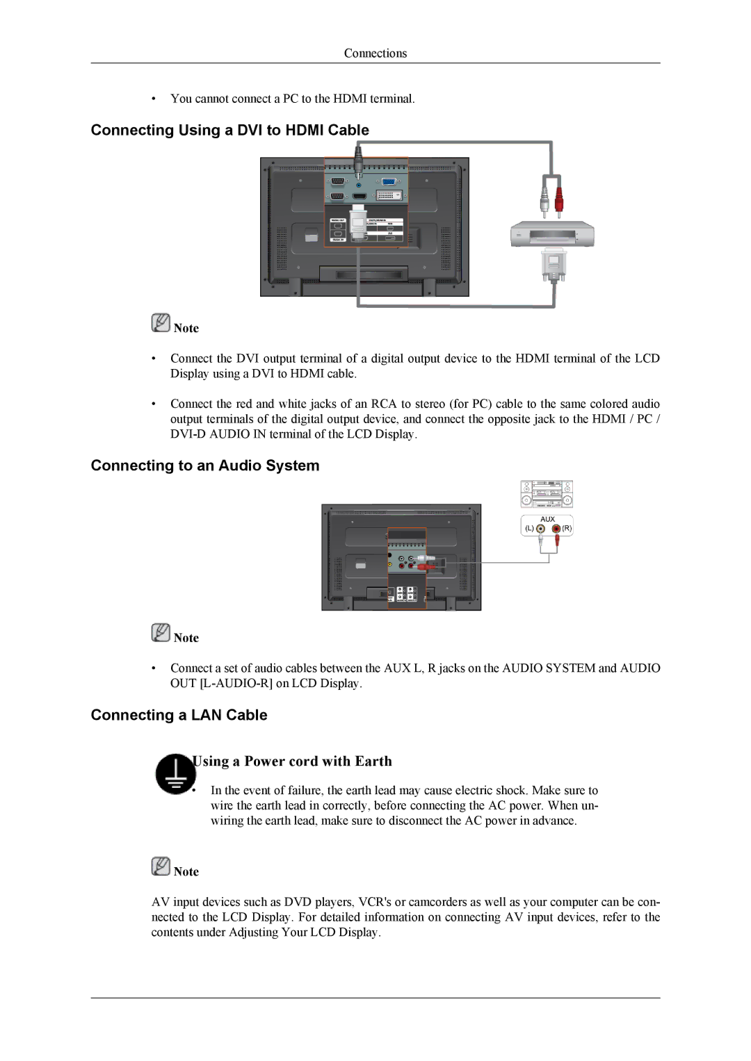 Samsung LH46MGTLGD/EN manual Connecting Using a DVI to Hdmi Cable, Connecting to an Audio System, Connecting a LAN Cable 