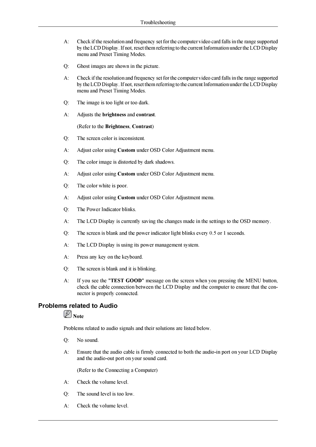 Samsung LH40MGTLGD/EN, LH46MGTLGD/EN manual Problems related to Audio 