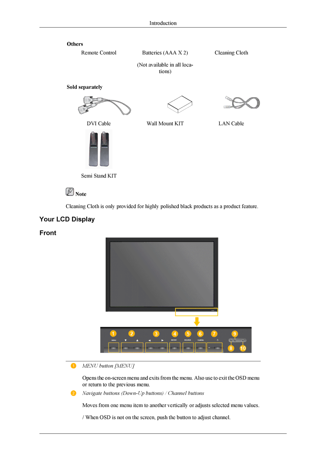 Samsung LH46MGTLGD/EN manual Your LCD Display Front, Menu button Menu, Navigate buttons Down-Up buttons / Channel buttons 