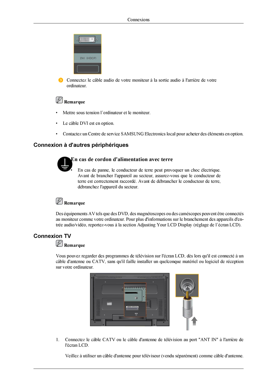 Samsung LH40MGTLGD/EN, LH46MGTLGD/EN manual Connexion à dautres périphériques, Connexion TV 