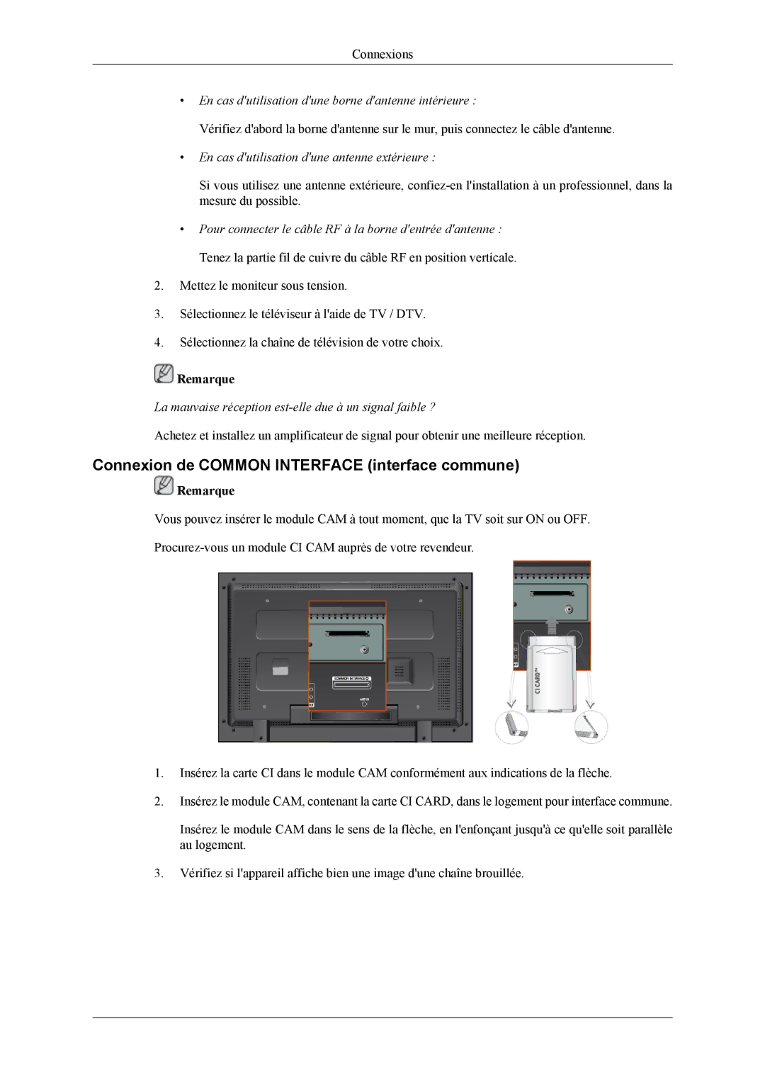 Samsung LH46MGTLGD/EN manual Connexion de Common Interface interface commune, En cas dutilisation dune antenne extérieure 