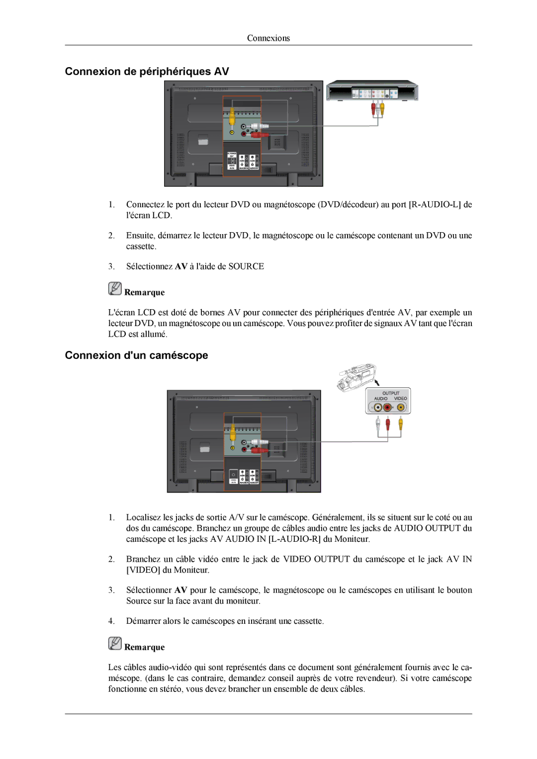 Samsung LH40MGTLGD/EN, LH46MGTLGD/EN manual Connexion de périphériques AV, Connexion dun caméscope 