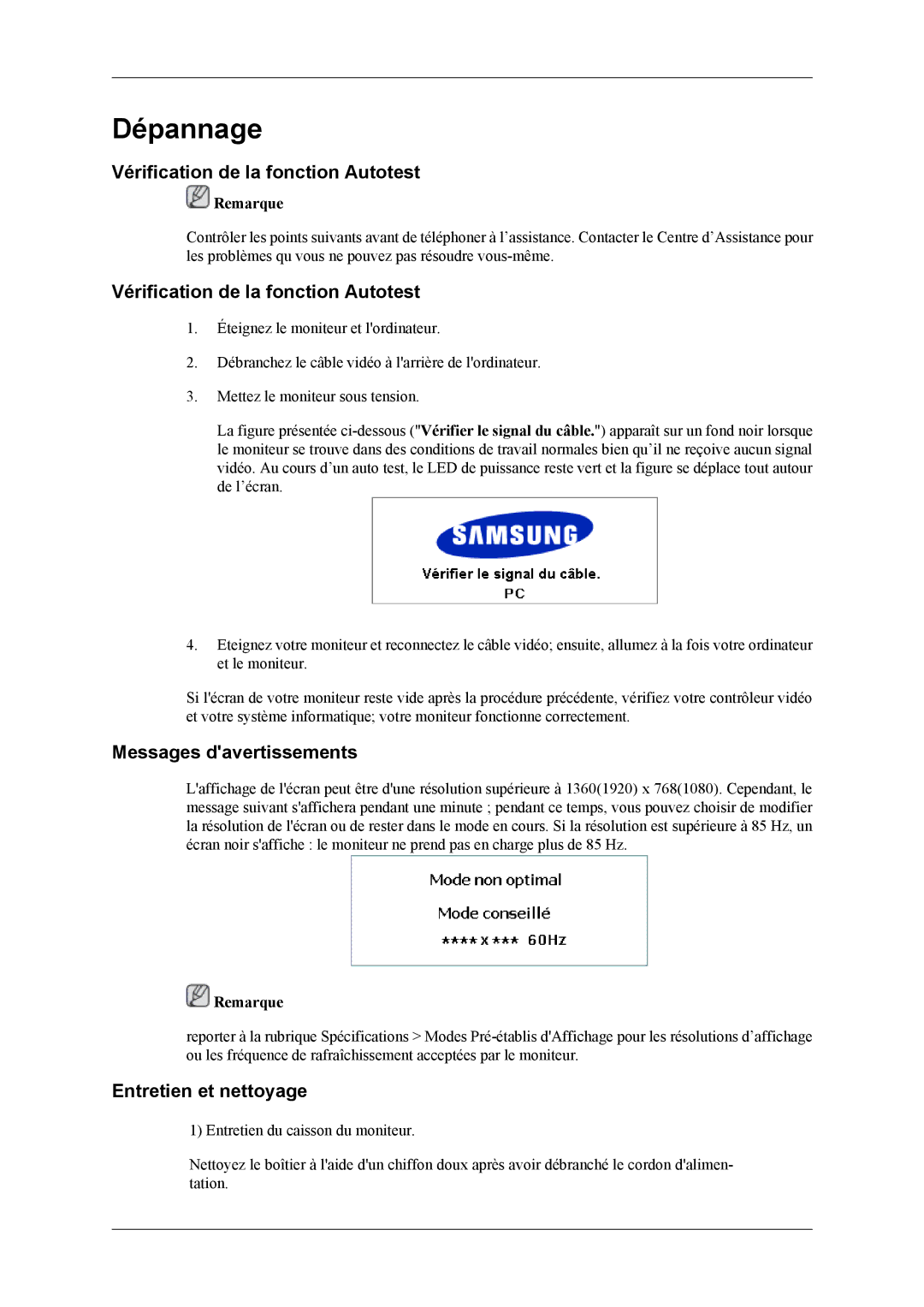 Samsung LH40MGTLGD/EN manual Vérification de la fonction Autotest, Messages davertissements, Entretien et nettoyage 