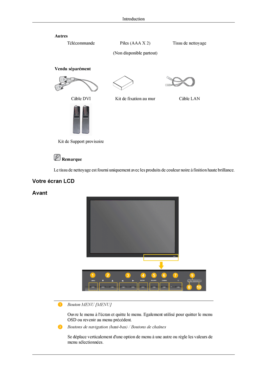 Samsung LH46MGTLGD/EN, LH40MGTLGD/EN manual Votre écran LCD Avant, Bouton Menu Menu 