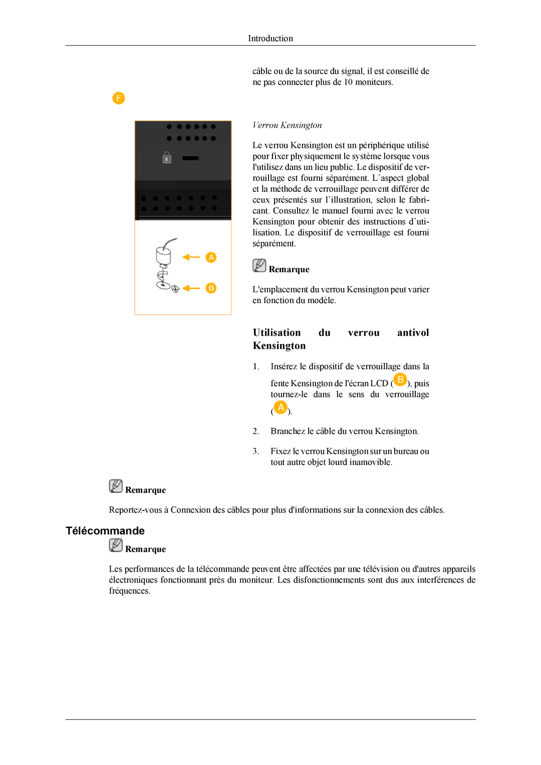 Samsung LH46MGTLGD/EN, LH40MGTLGD/EN manual Télécommande, Verrou Kensington 