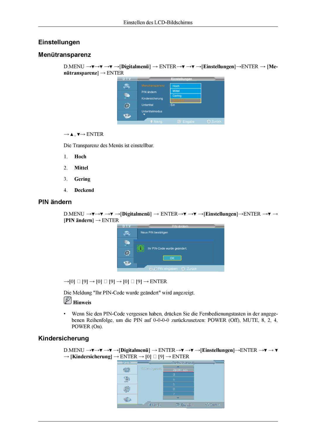 Samsung LH46MGTLGD/EN, LH40MGTLGD/EN manual Einstellungen Menütransparenz, PIN ändern 