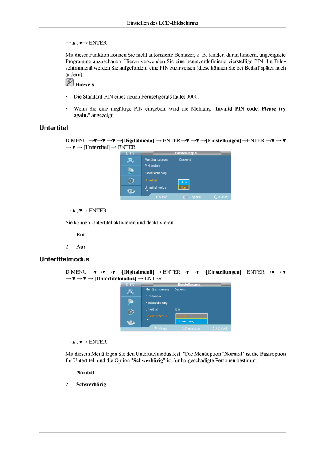 Samsung LH40MGTLGD/EN, LH46MGTLGD/EN manual Untertitelmodus, Ein Aus, Normal Schwerhörig 