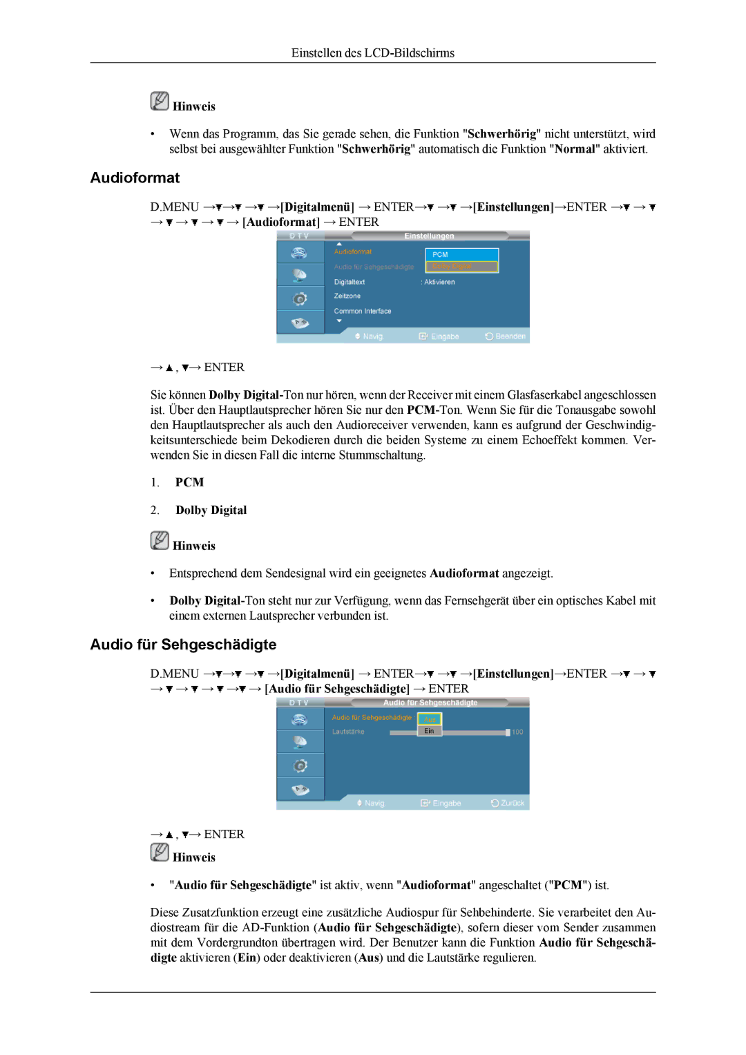 Samsung LH46MGTLGD/EN, LH40MGTLGD/EN manual Audioformat, Audio für Sehgeschädigte, PCM Dolby Digital Hinweis 
