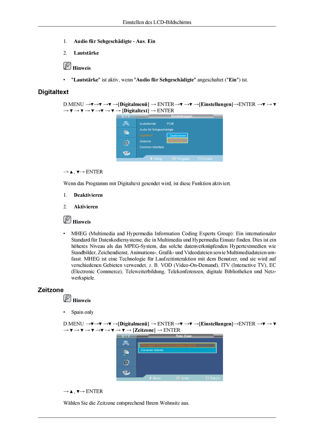 Samsung LH40MGTLGD/EN, LH46MGTLGD/EN manual Digitaltext, Zeitzone, Audio für Sehgeschädigte Aus, Ein Lautstärke Hinweis 