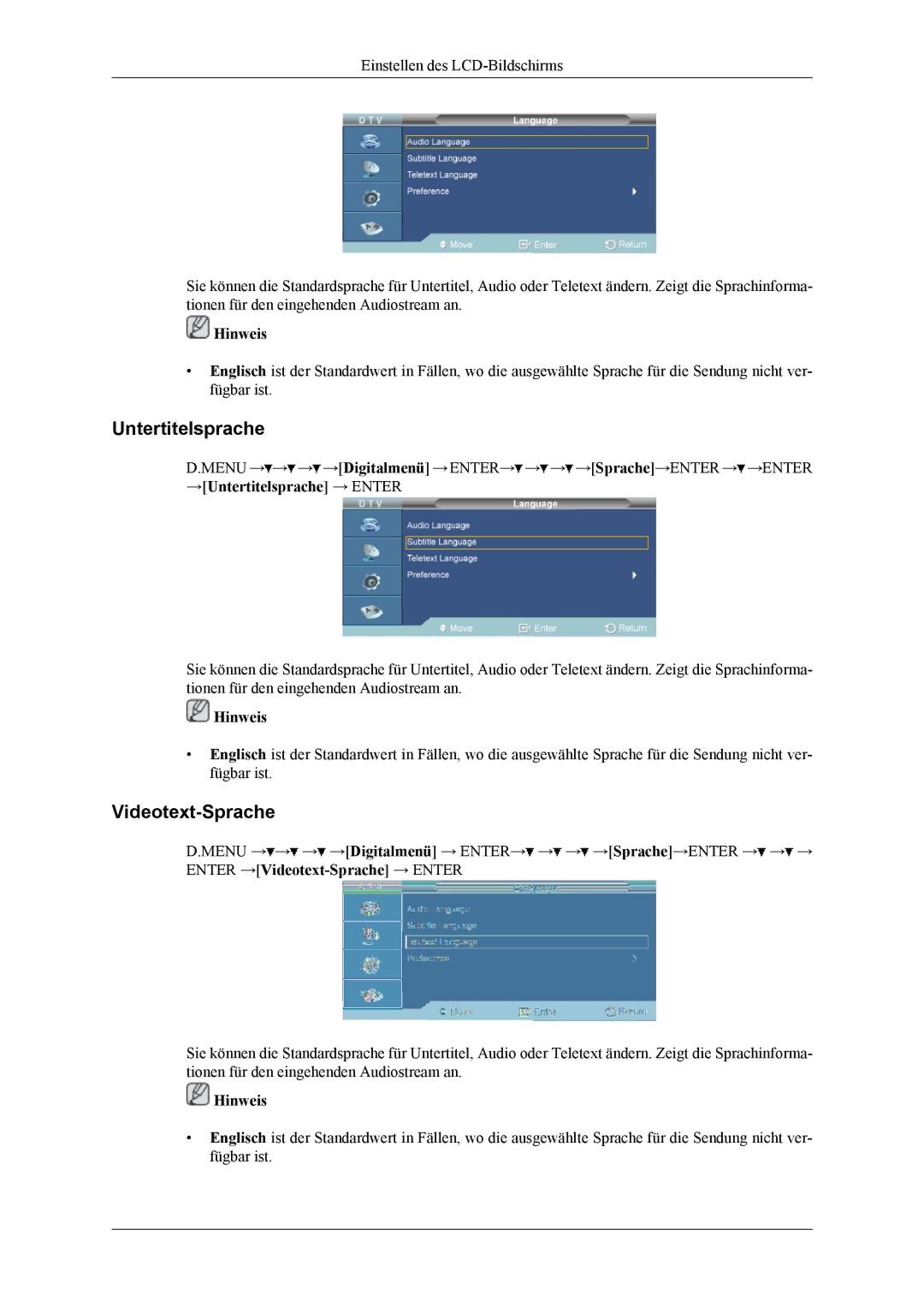 Samsung LH46MGTLGD/EN, LH40MGTLGD/EN manual Untertitelsprache, Videotext-Sprache 