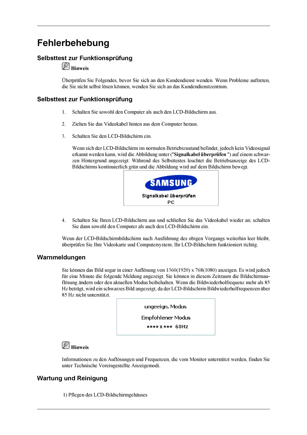 Samsung LH46MGTLGD/EN, LH40MGTLGD/EN manual Selbsttest zur Funktionsprüfung, Warnmeldungen, Wartung und Reinigung 