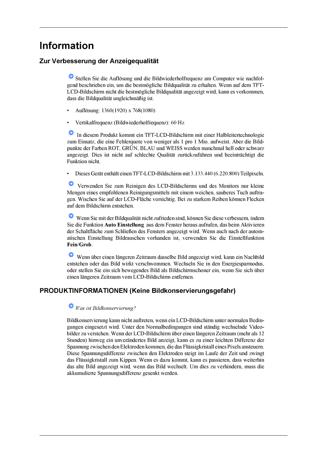 Samsung LH46MGTLGD/EN manual Zur Verbesserung der Anzeigequalität, Produktinformationen Keine Bildkonservierungsgefahr 