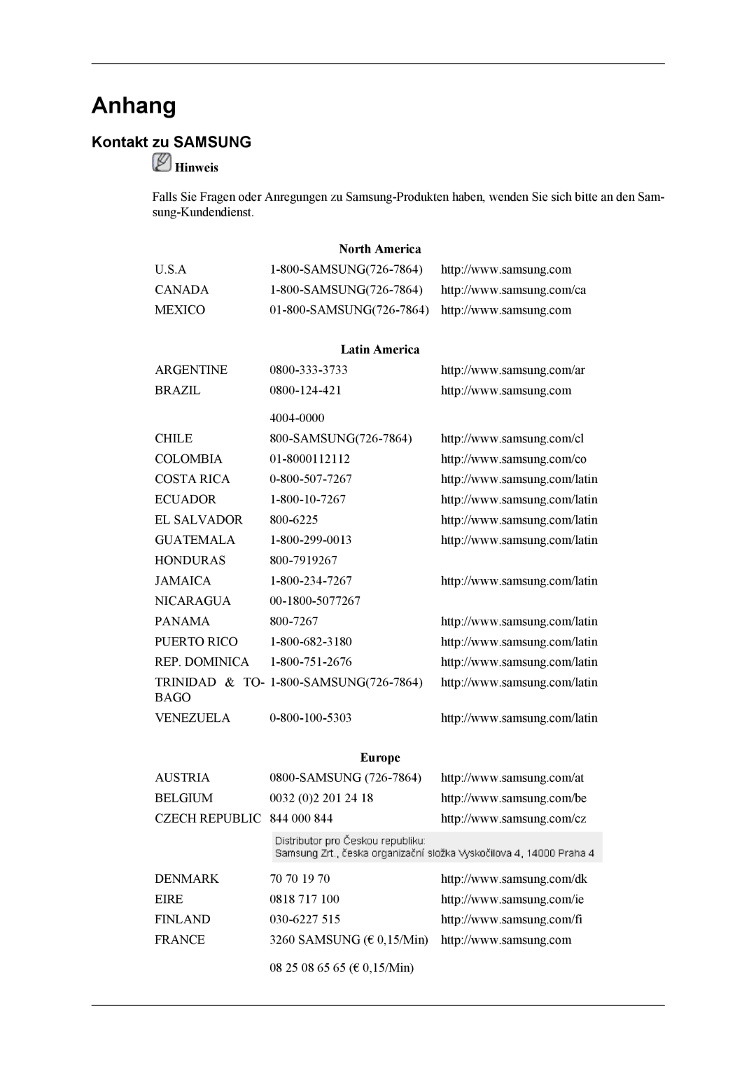 Samsung LH40MGTLGD/EN, LH46MGTLGD/EN manual Kontakt zu Samsung, North America, Latin America, Europe 