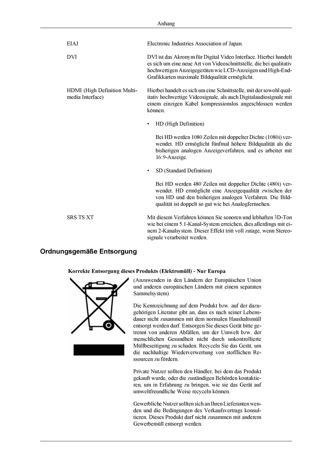 Samsung LH40MGTLGD/EN, LH46MGTLGD/EN Ordnungsgemäße Entsorgung, Korrekte Entsorgung dieses Produkts Elektromüll Nur Europa 