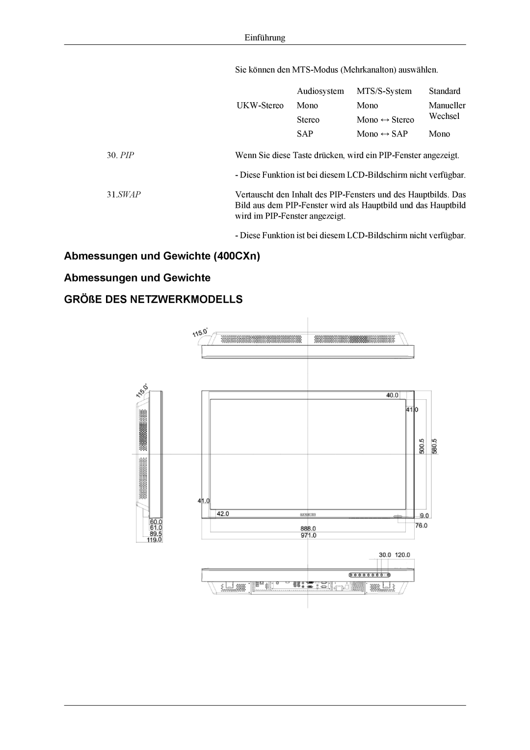 Samsung LH46MGTLGD/EN, LH40MGTLGD/EN manual Abmessungen und Gewichte 400CXn GRÖßE DES Netzwerkmodells, Sap 