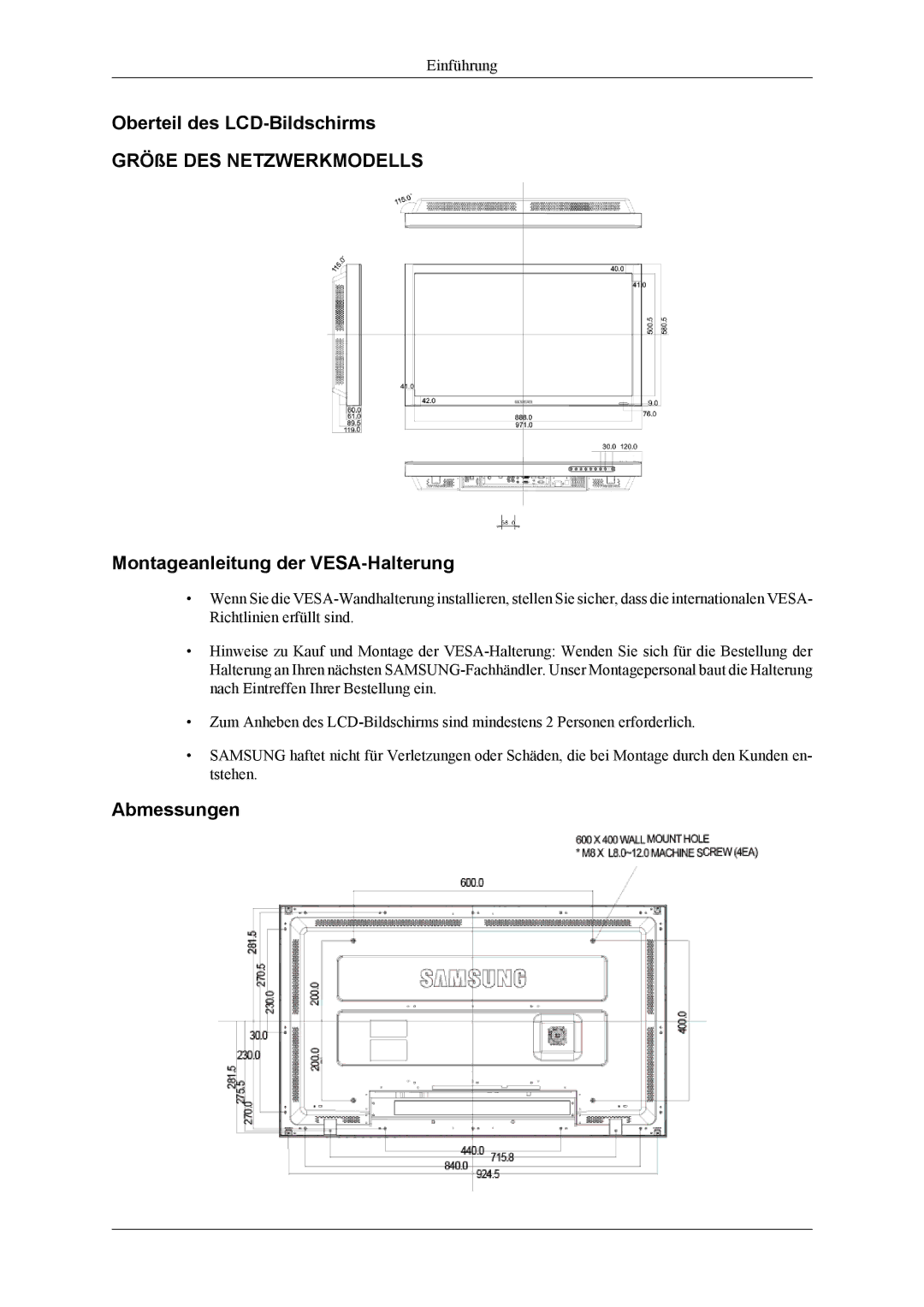 Samsung LH40MGTLGD/EN, LH46MGTLGD/EN manual Abmessungen 