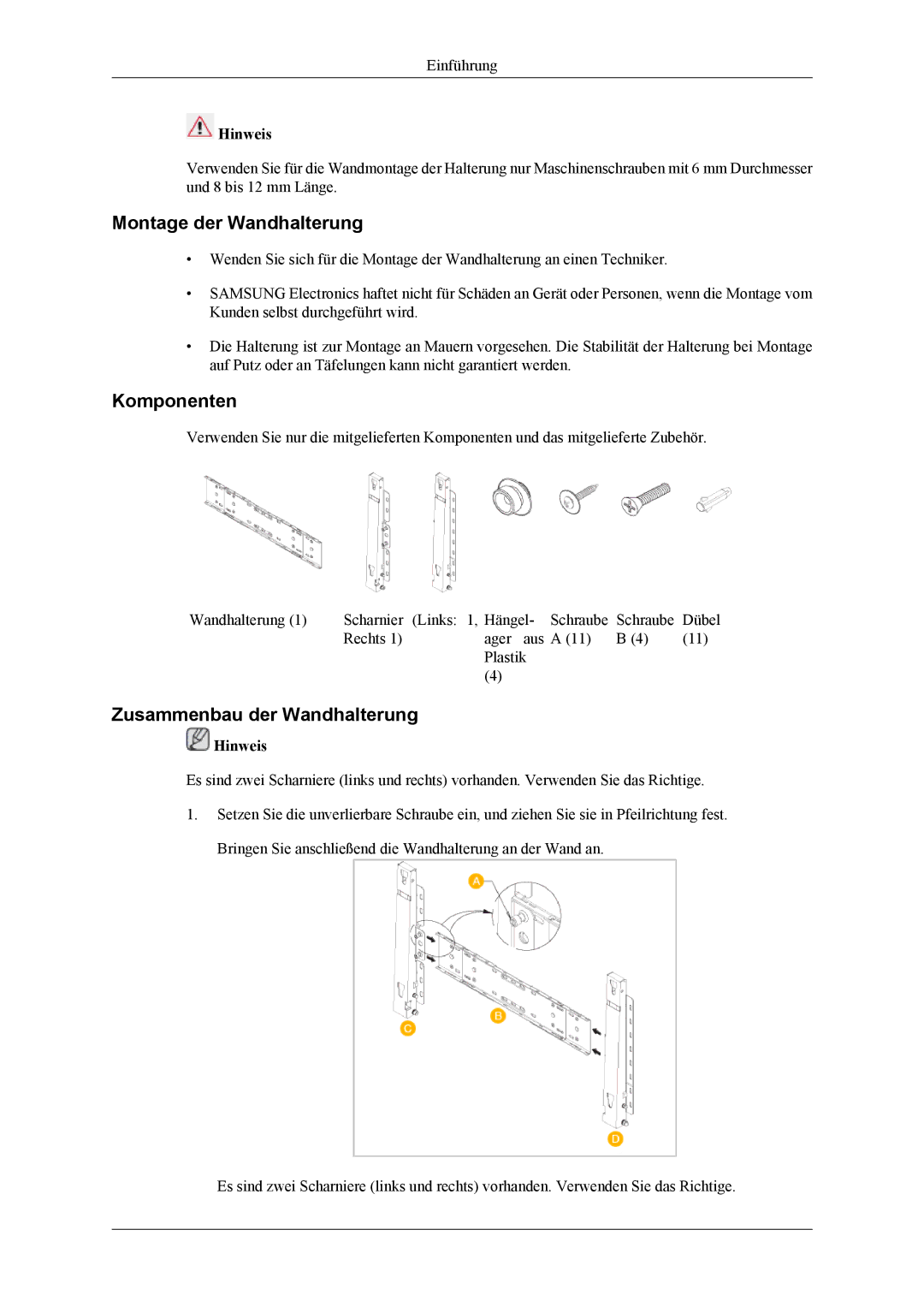 Samsung LH46MGTLGD/EN, LH40MGTLGD/EN manual Montage der Wandhalterung 